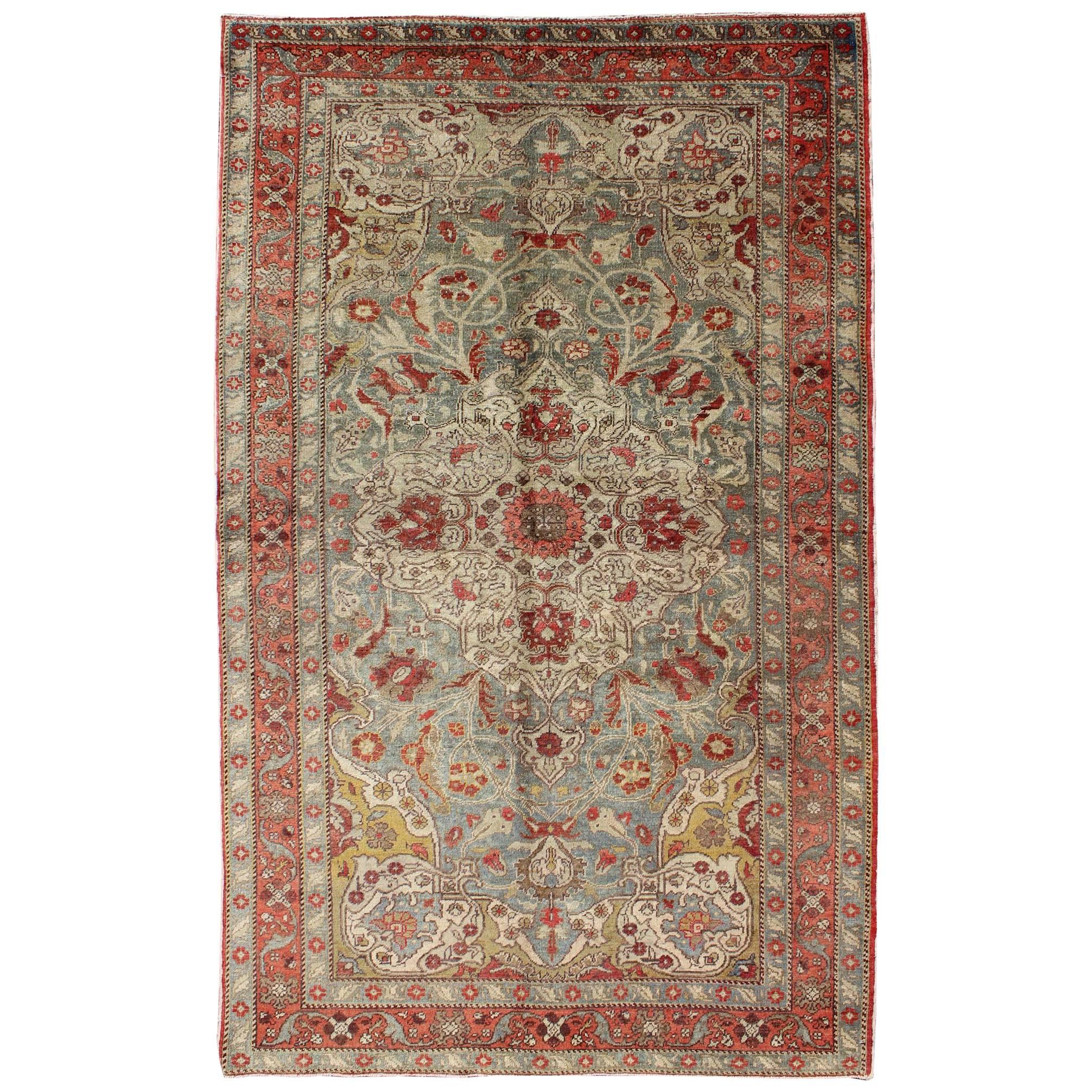 Floral Medallion Antique Turkey Sivas Rug in Light Blue, Red, Ivory, Chartreuse