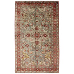 Floral Medallion Antique Turkey Sivas Rug in Light Blue, Red, Ivory, Chartreuse