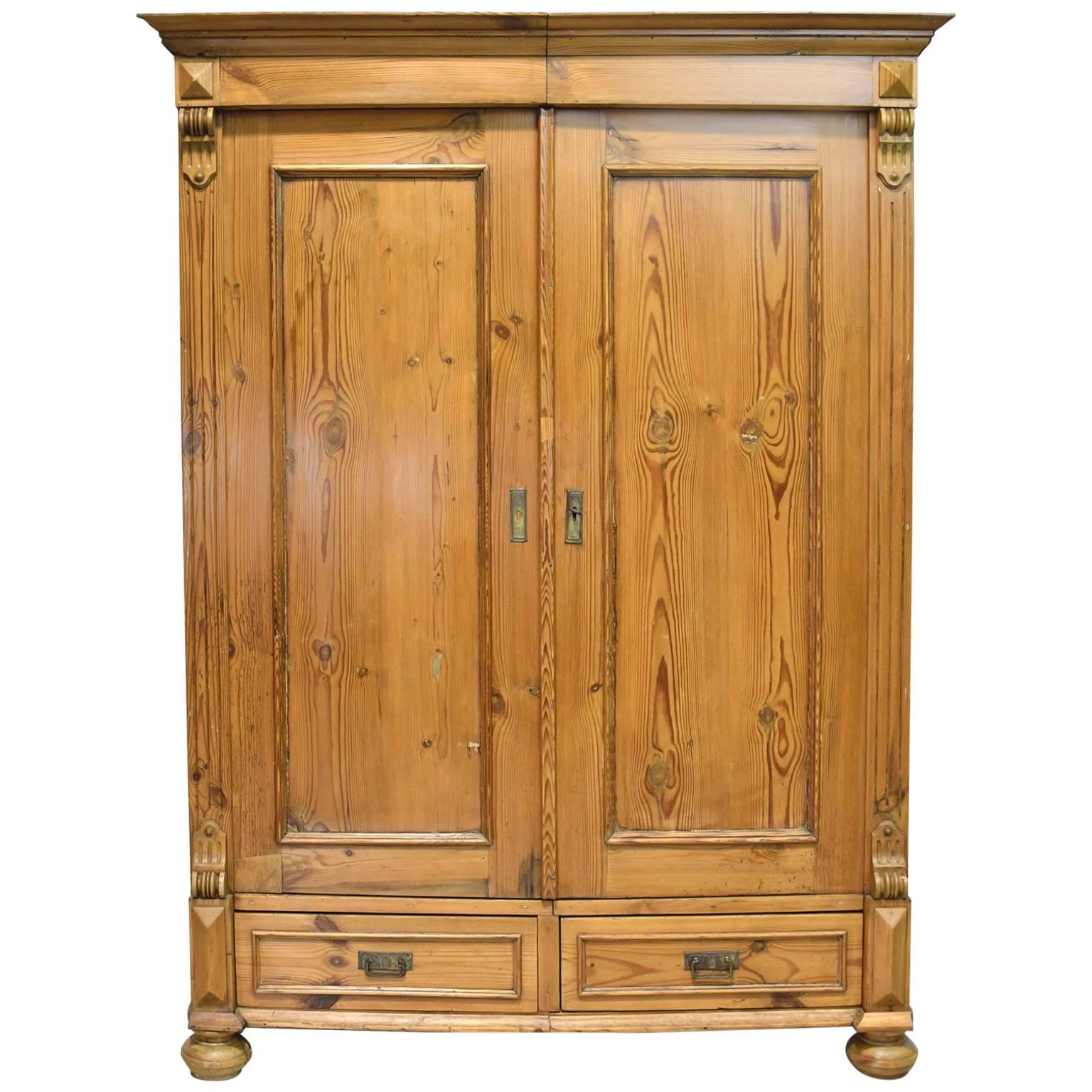 19th Century Two-Door European Armoire in Pine with Two Drawers and Shelves