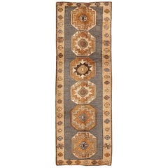 Shades of Brown Vintage Turkish Oushak Runner with Vertical Medallion Design