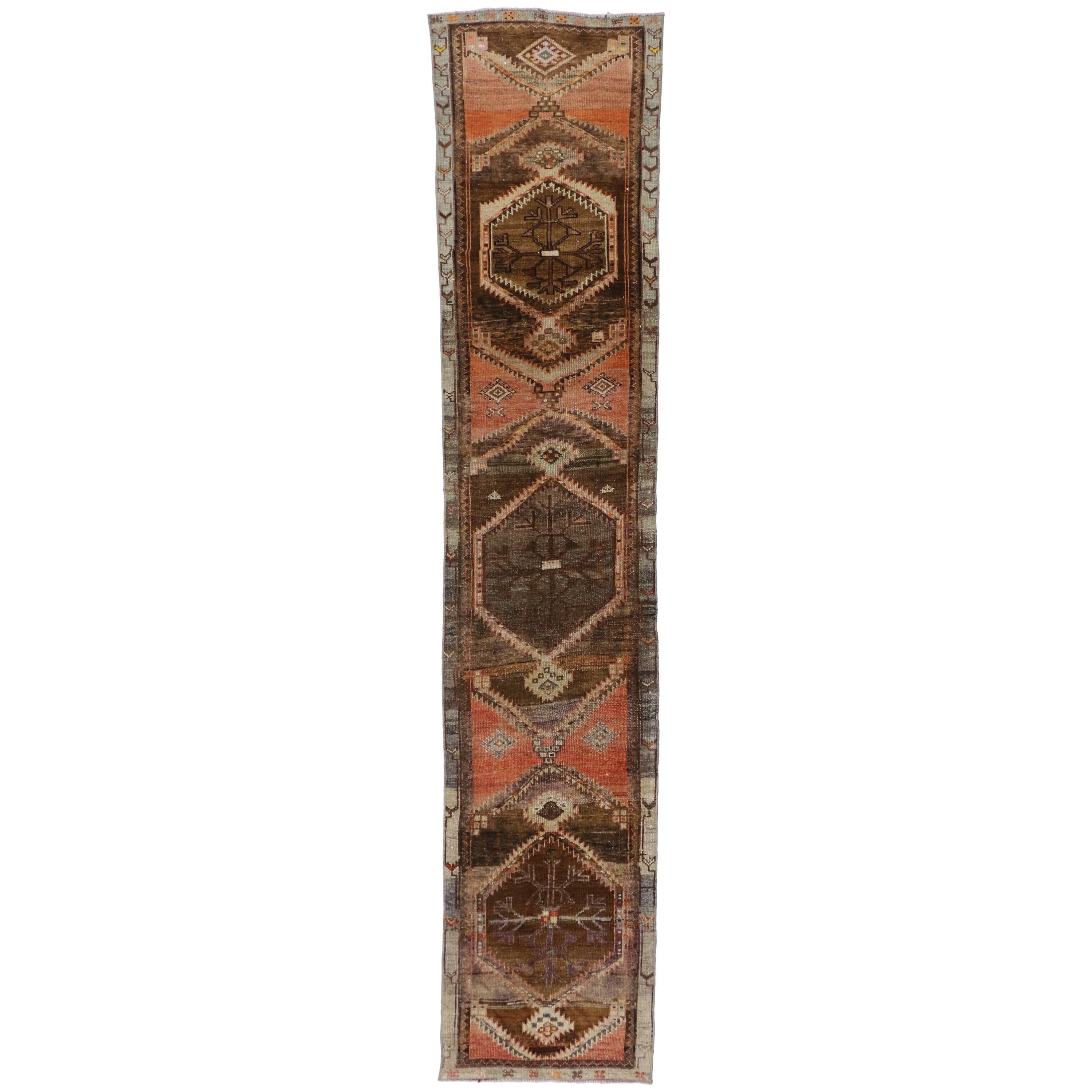 Vintage Turkish Oushak Runner with Mid-Century Modern Style For Sale