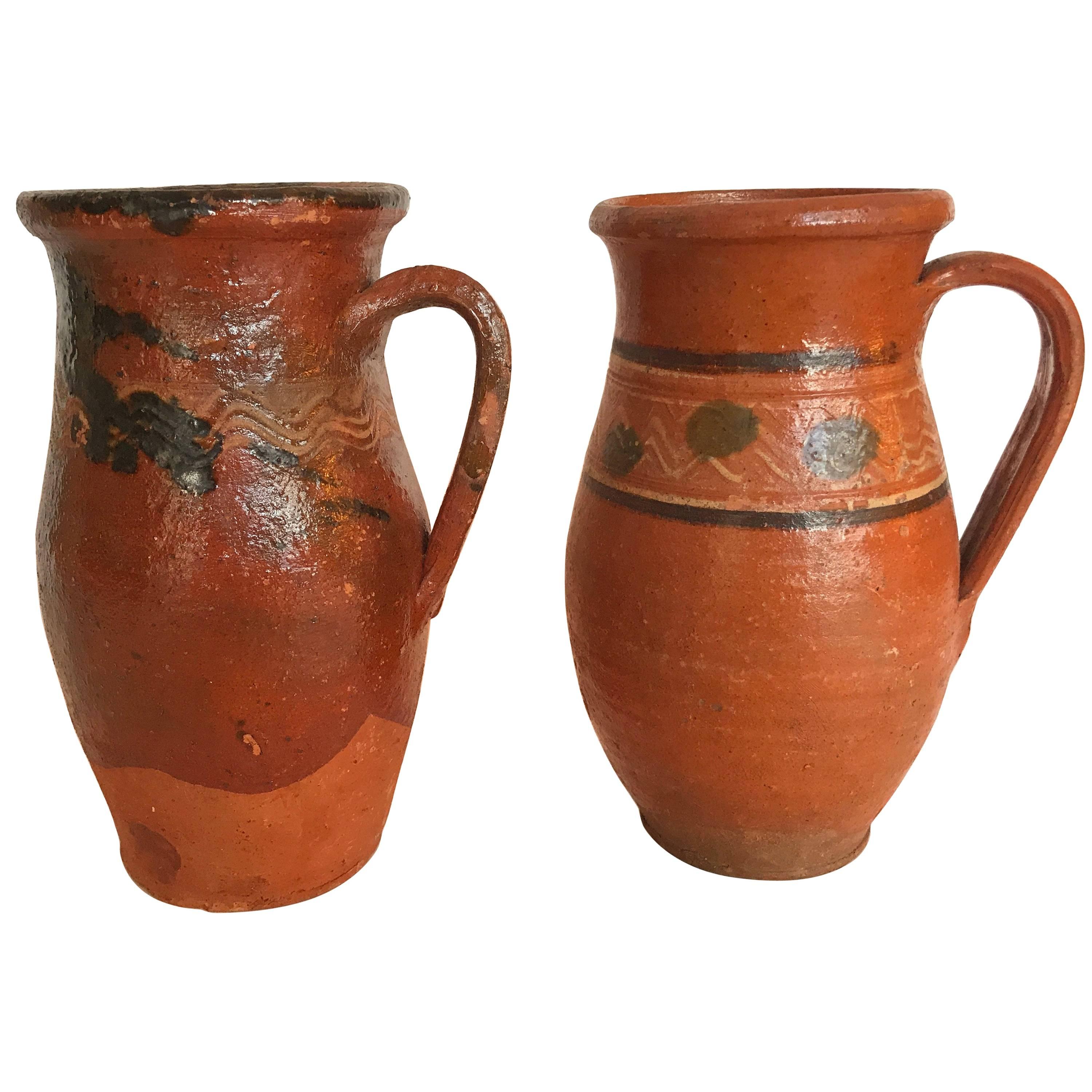 Vintage Transylvania Redware Pottery Pitchers, Romania, Hand-Painted, Folk Art For Sale