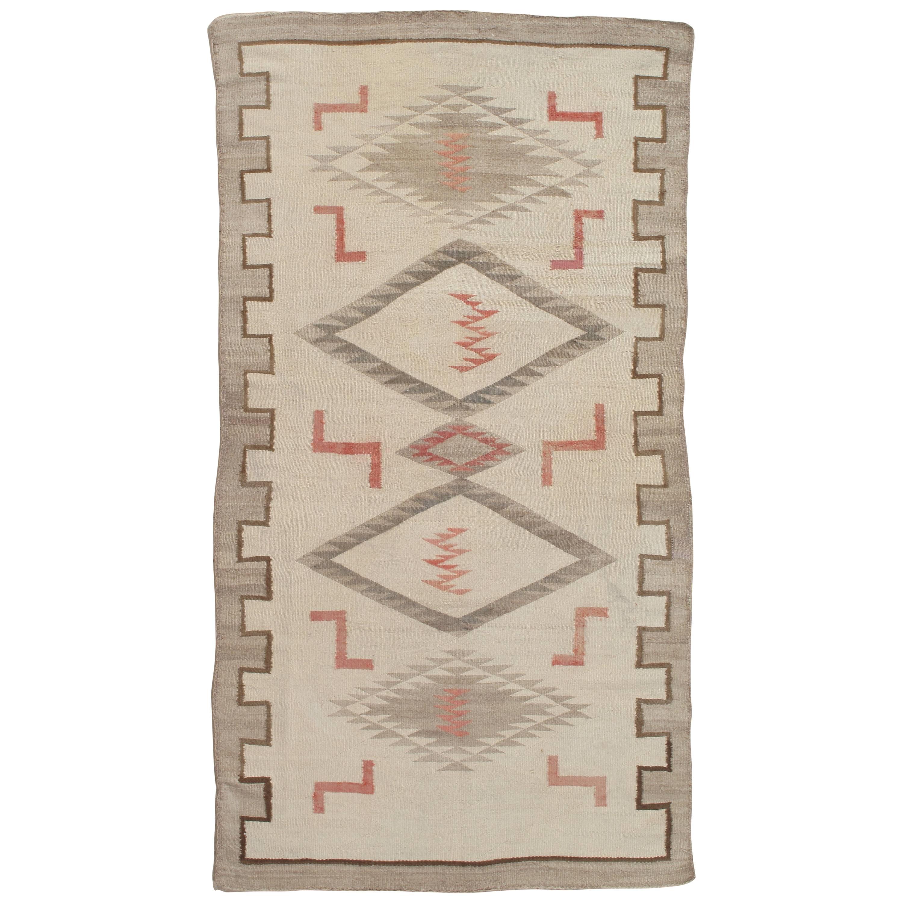 Antique Navajo Carpet, Folk Rug, Handmade Wool, Beige, Gray, Neutral