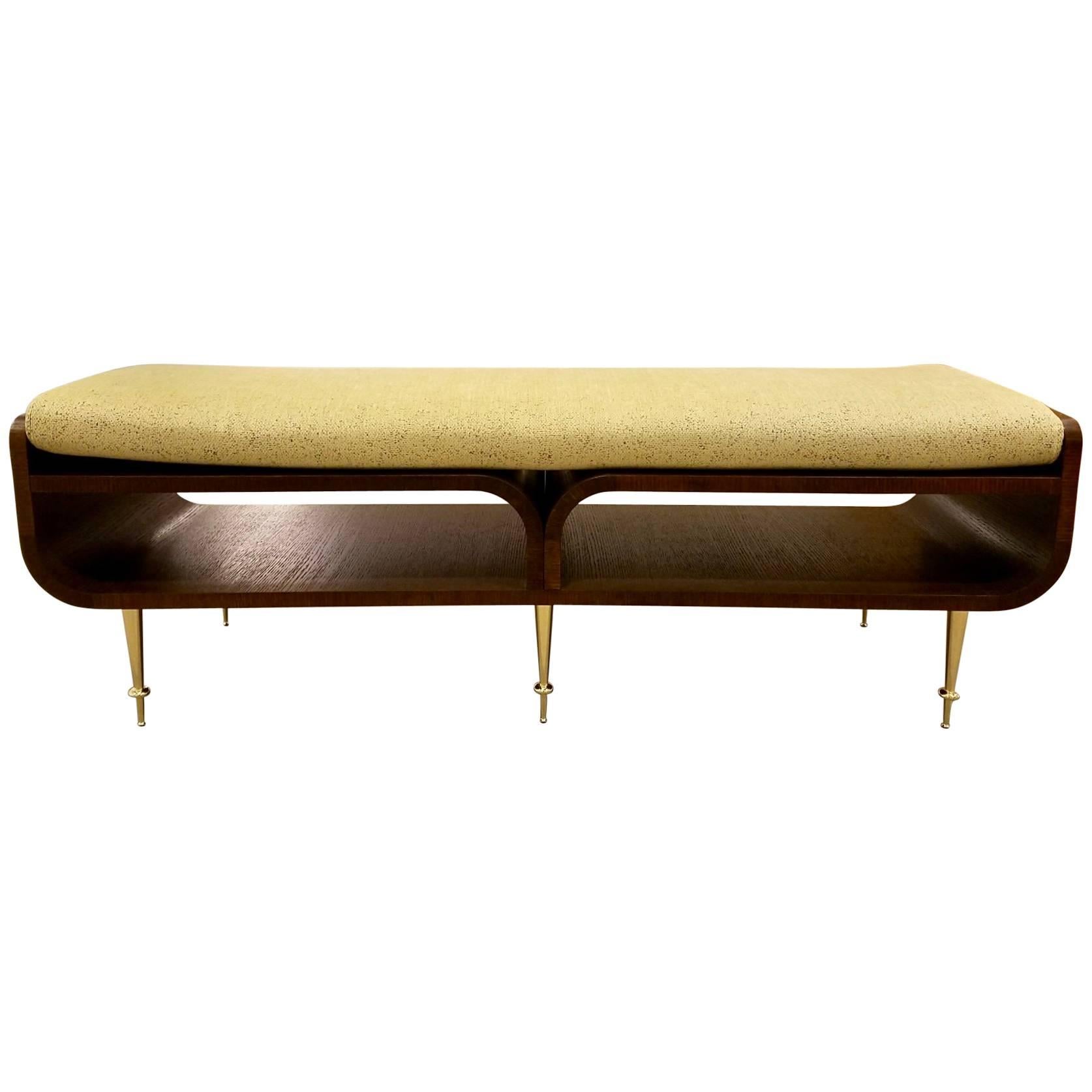 Limited Edition Italian Two-Tier Brown Wood Bench With Brass Legs For Sale
