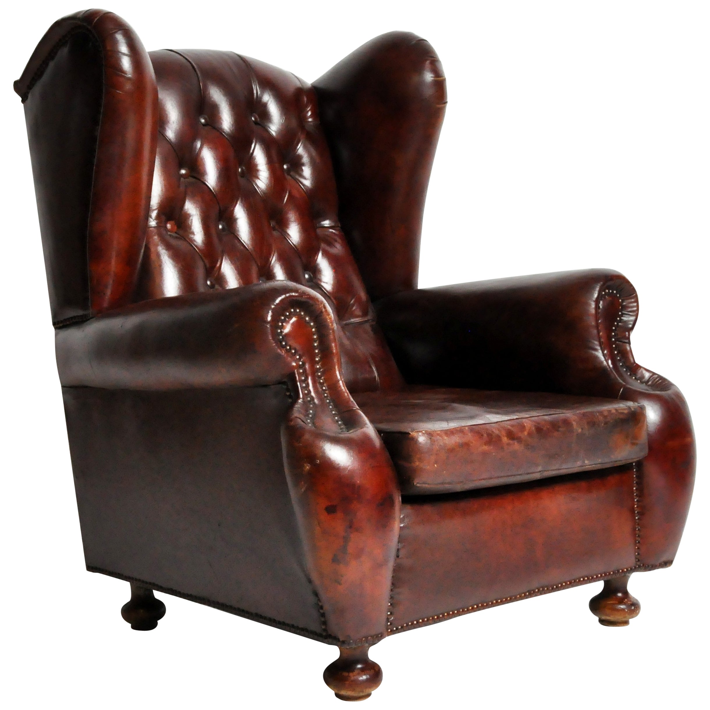 Pair of Leather Wing Chairs with Nailhead Trim at 1stDibs