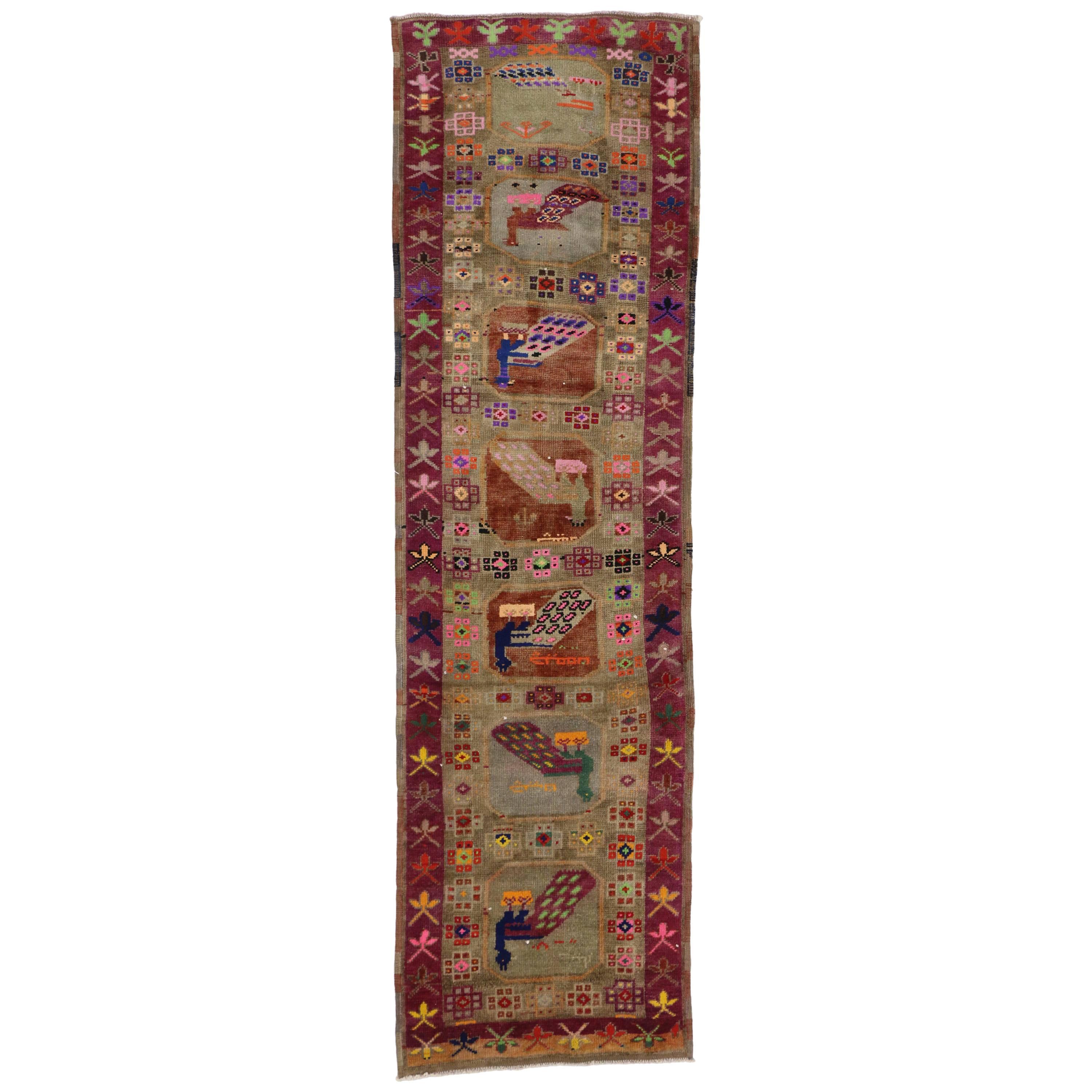 Vintage Turkish Oushak Runner with Tribal Style and Peacock Motifs
