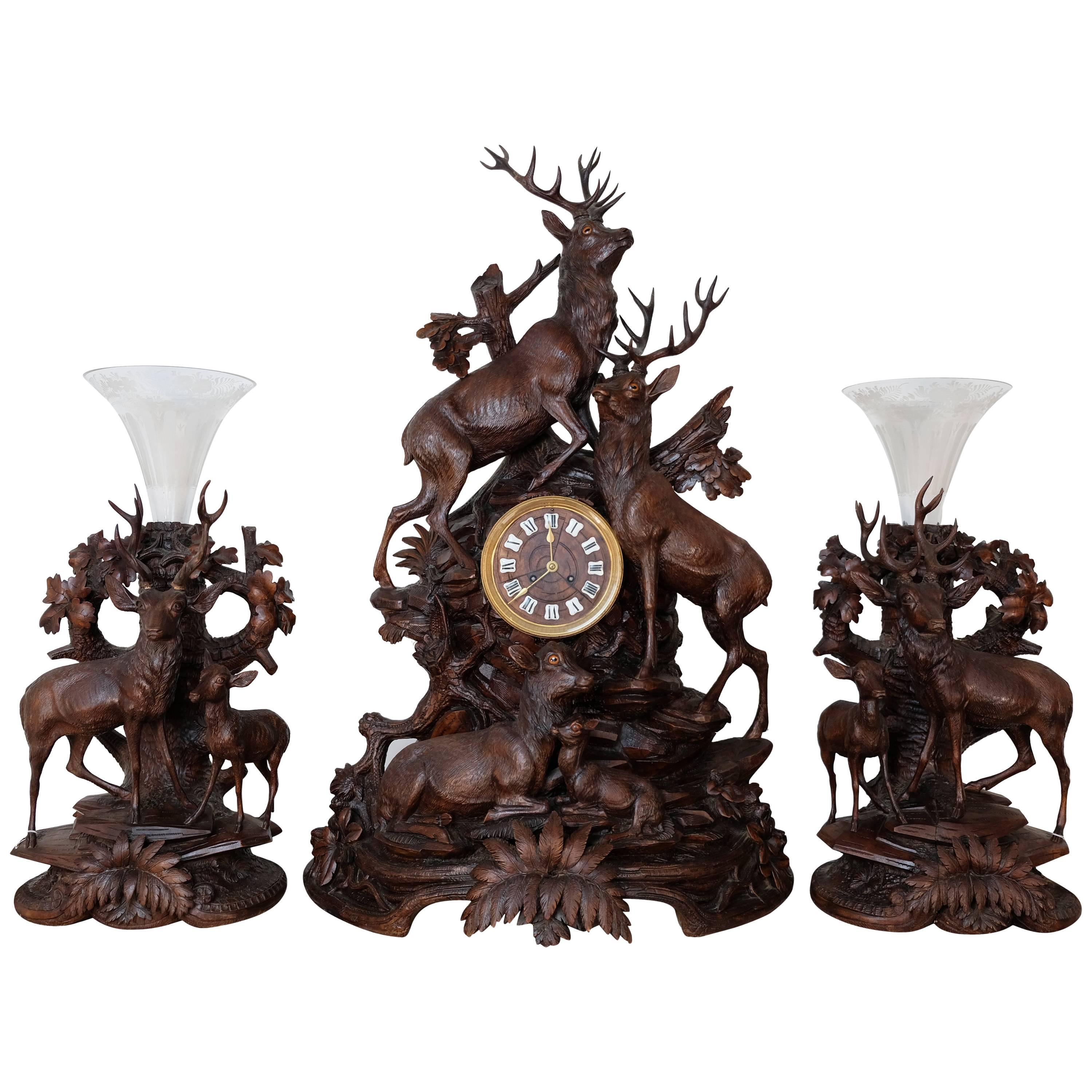 Three-Piece Large Black Forest Stag Clock