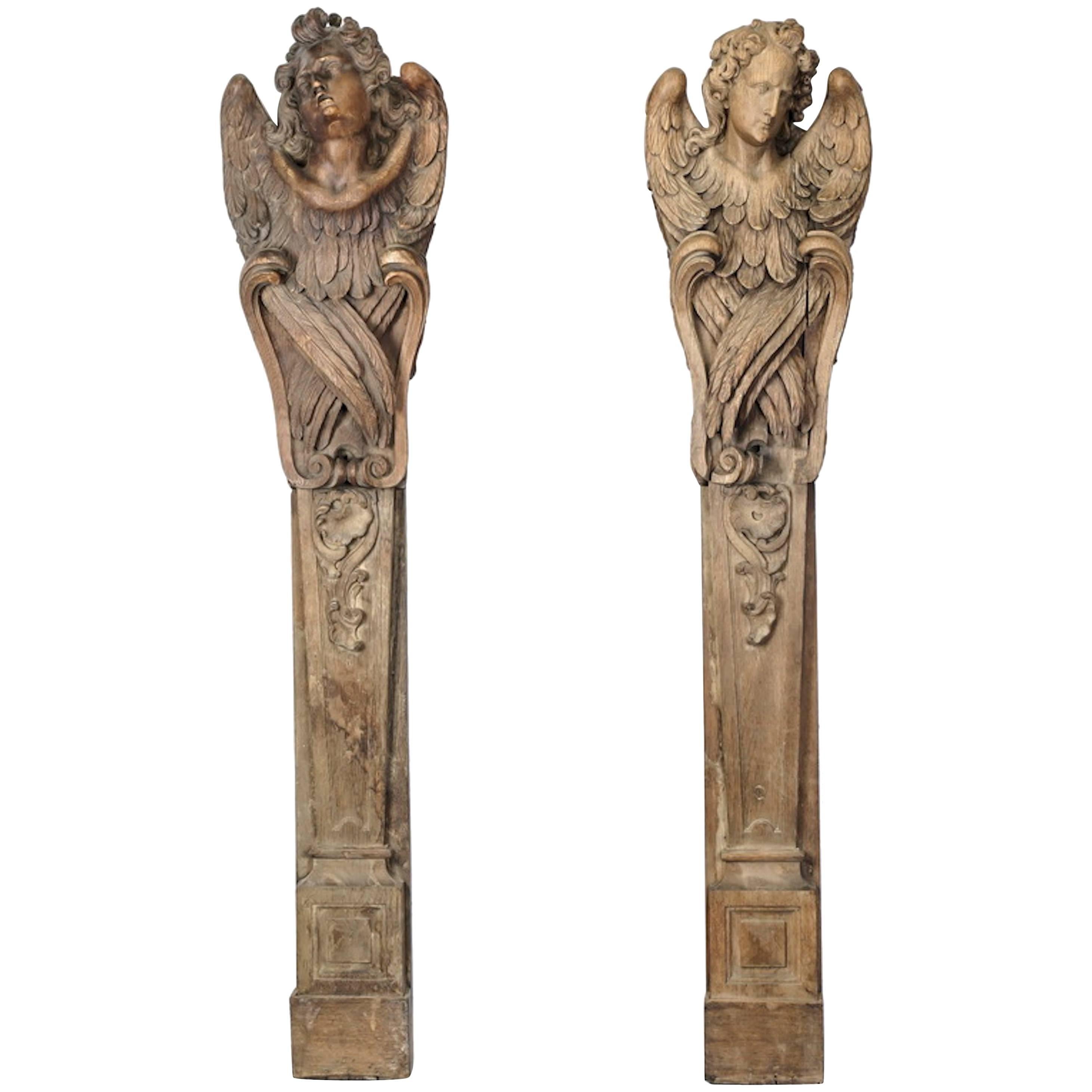 Two 18th Century French Carved Oak Angel Pilasters For Sale