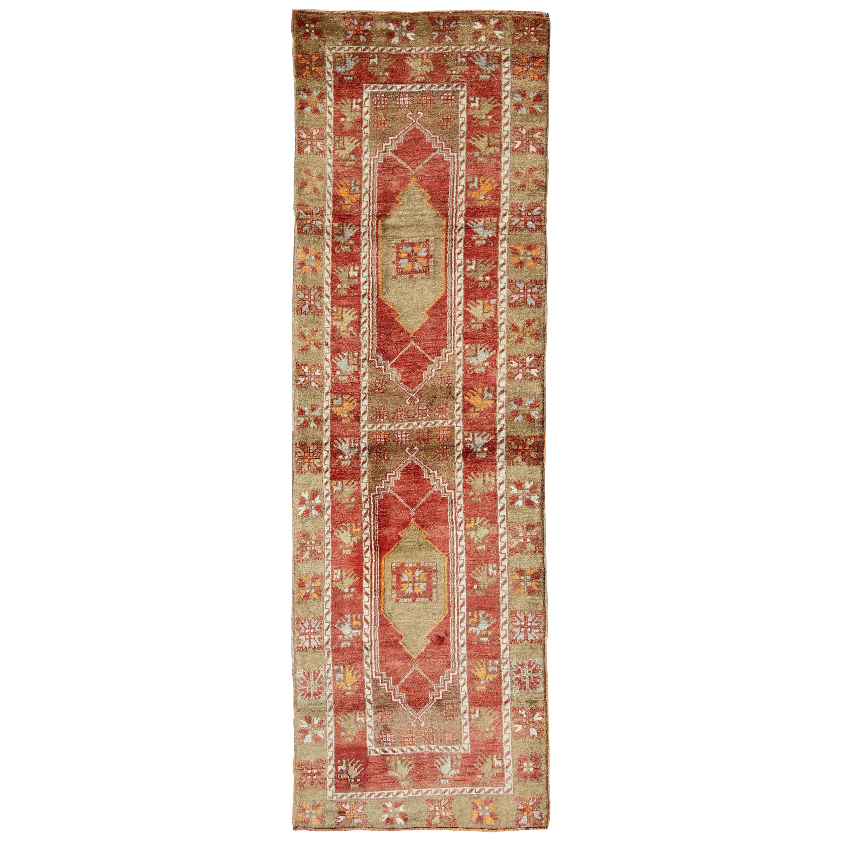 Red and Green Vintage Turkish Oushak Runner with Tribal Dual Medallions For Sale