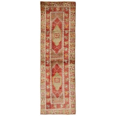 Red and Green Vintage Turkish Oushak Runner with Tribal Dual Medallions