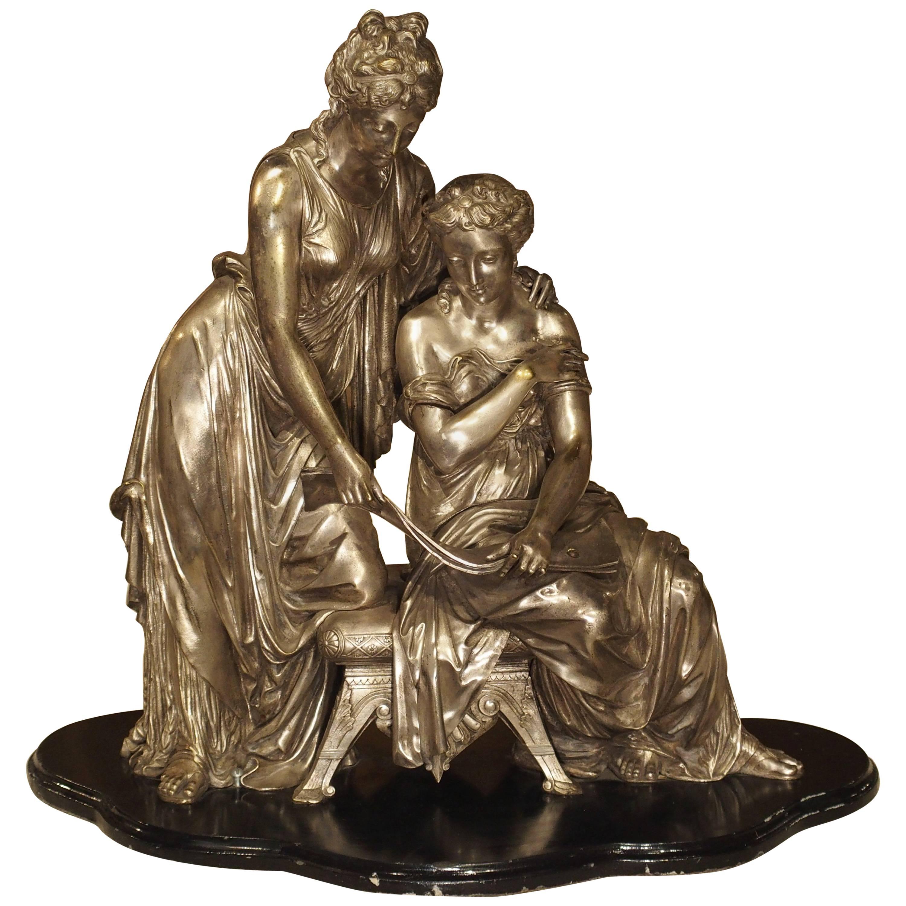 Antique Classical Silvered Bronze of Women Reading a Scroll, France, circa 1870