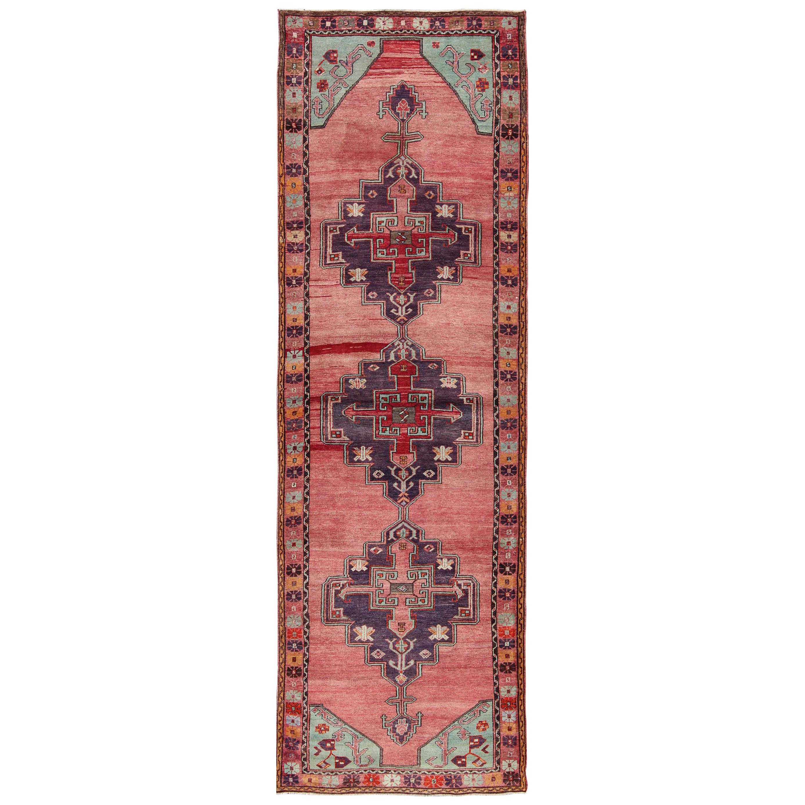 Vintage Turkish Oushak Runner with Geometric Medallions in Red, Brown, Ice Blue