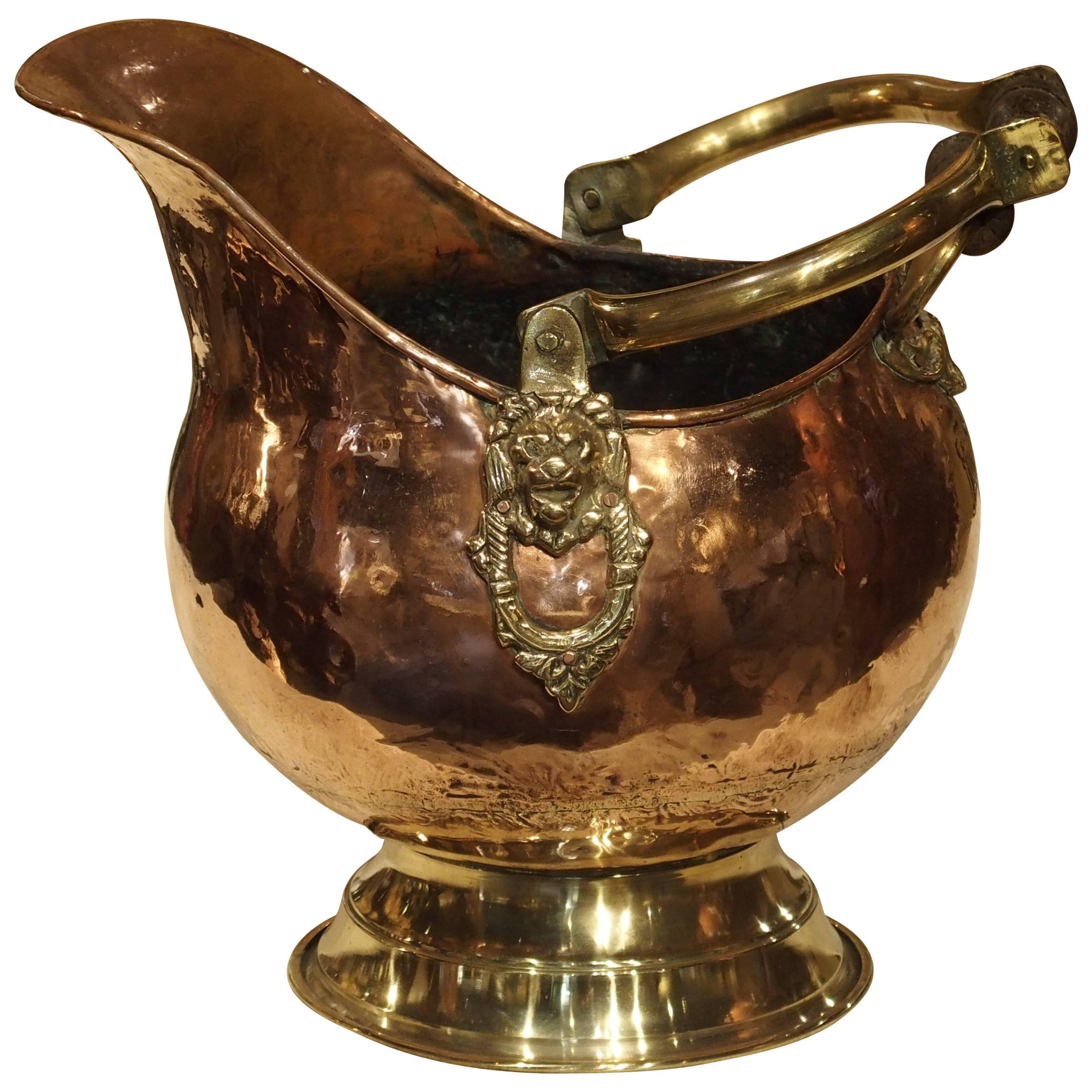 French Copper and Brass Coal Pail with Lion Motifs, France, Early to Mid-1900s