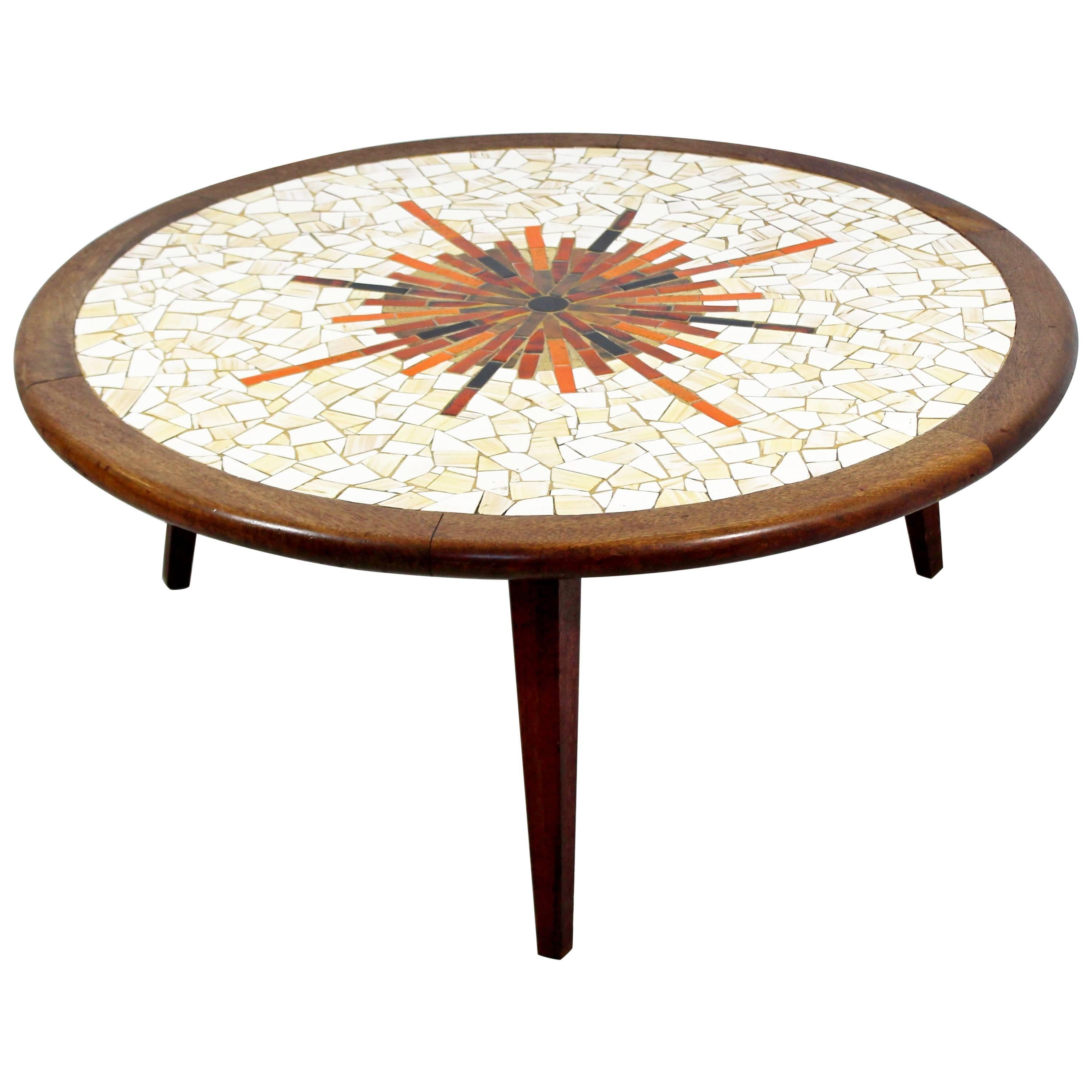 Mid-Century Modern Sunburst Tile Top Wood Coffee Table Hohenberg Martz Era