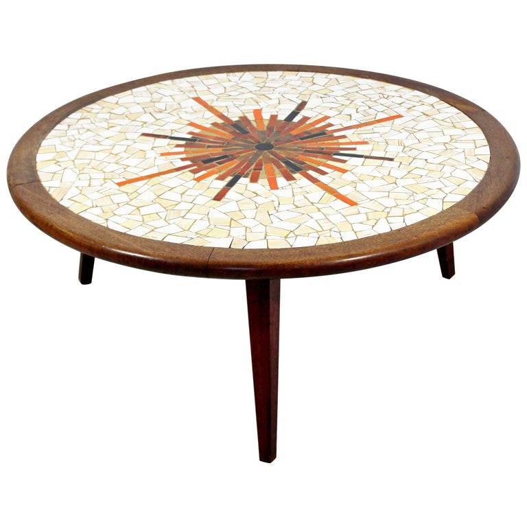 MidCentury Modern Sunburst Tile Top Wood Coffee Table Hohenberg Martz
