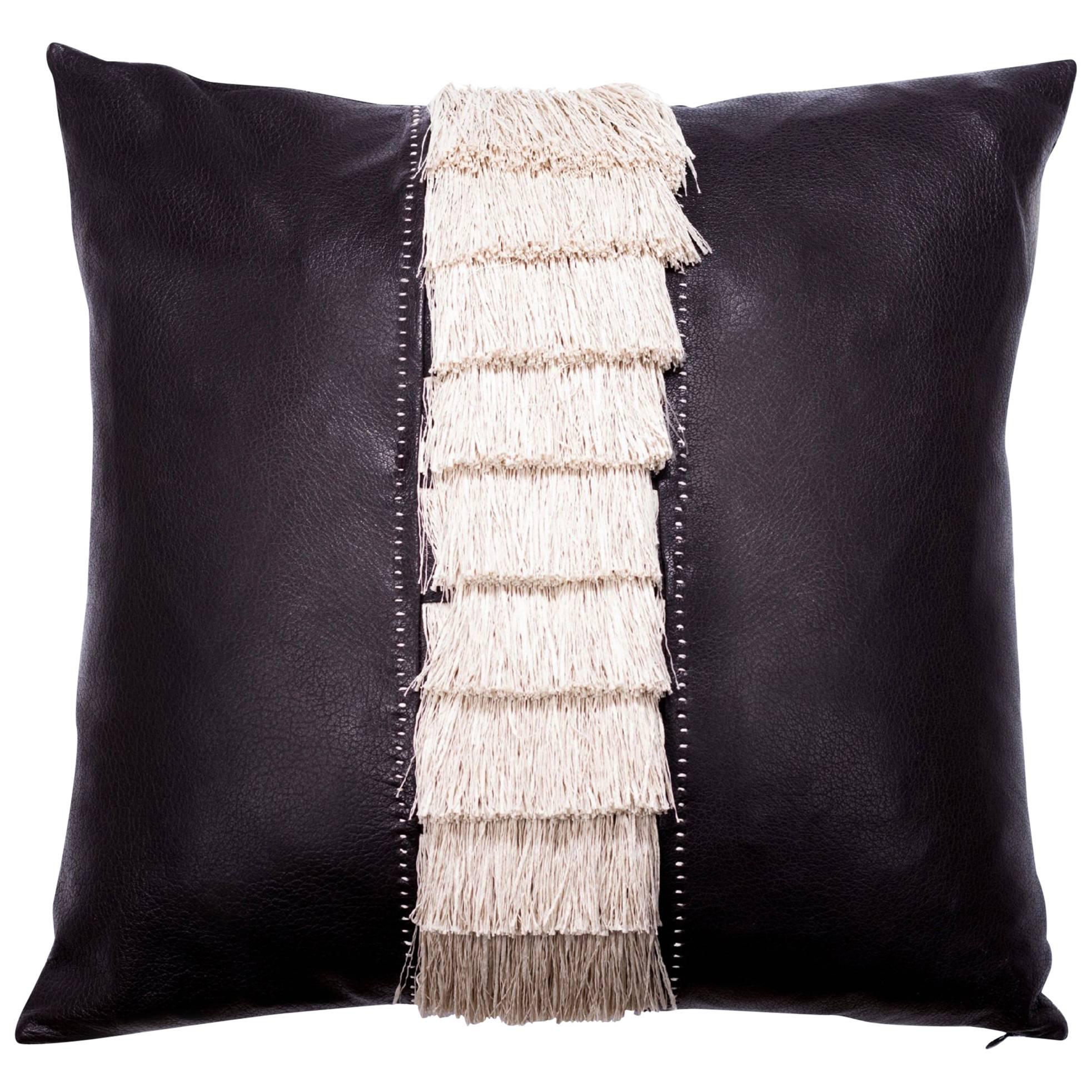 Fine Calf Leather and Fringe Pillow For Sale