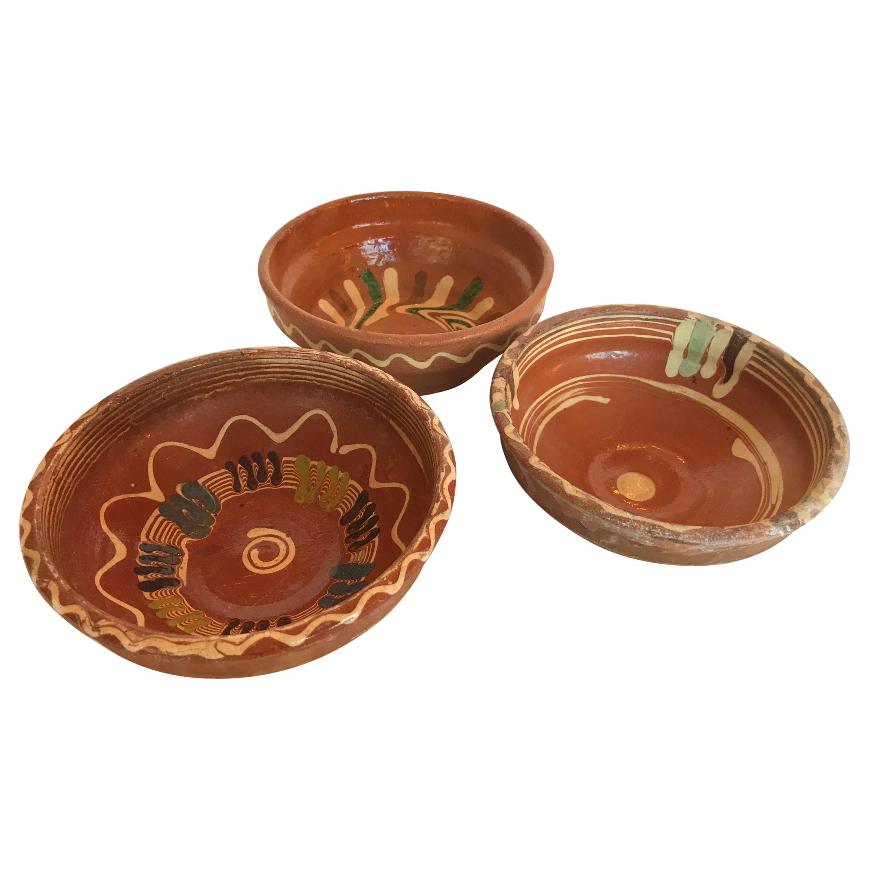 Set of Three Transylvania Vintage Handpainted Redware Pottery,  Folk Art Bowls For Sale