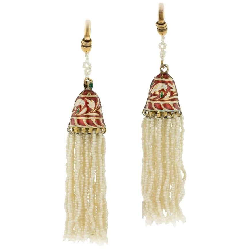 Antique Indian Enamelled 18-Karat Gold and Pearl Earrings, Jaipur, circa 1900