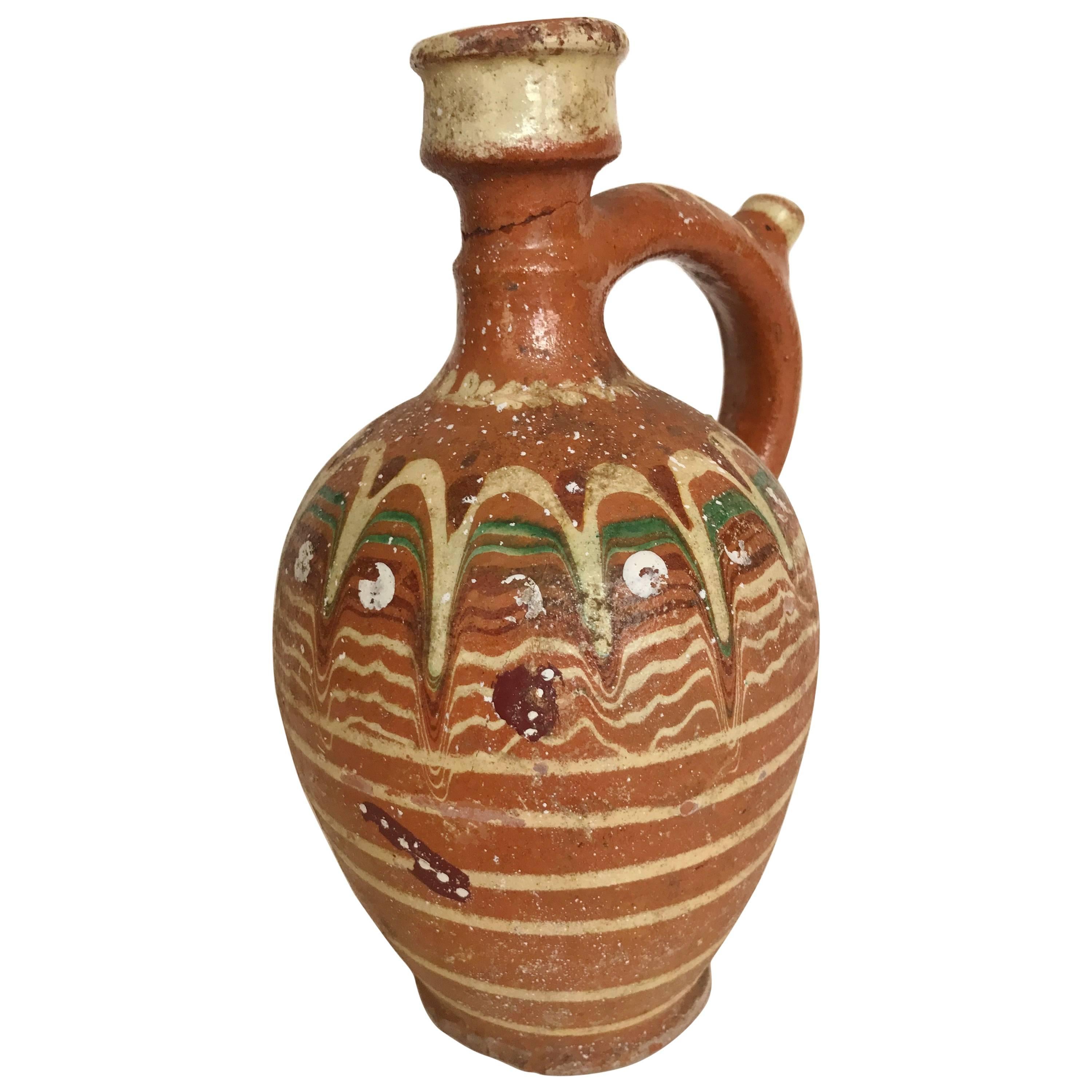 Transylvania Vintage Hand Painted Redware Carafe,  Folk Art Pottery, Romania