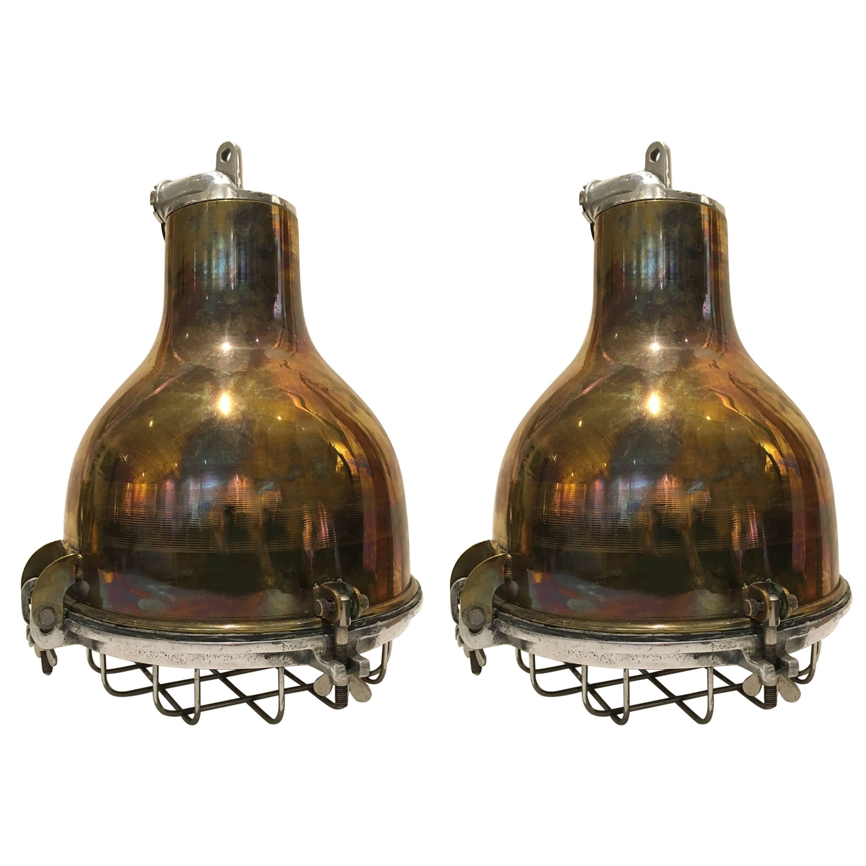 Pair of Ship's Nautical Brass Cargo Lights with Aluminium Cage, 1970s