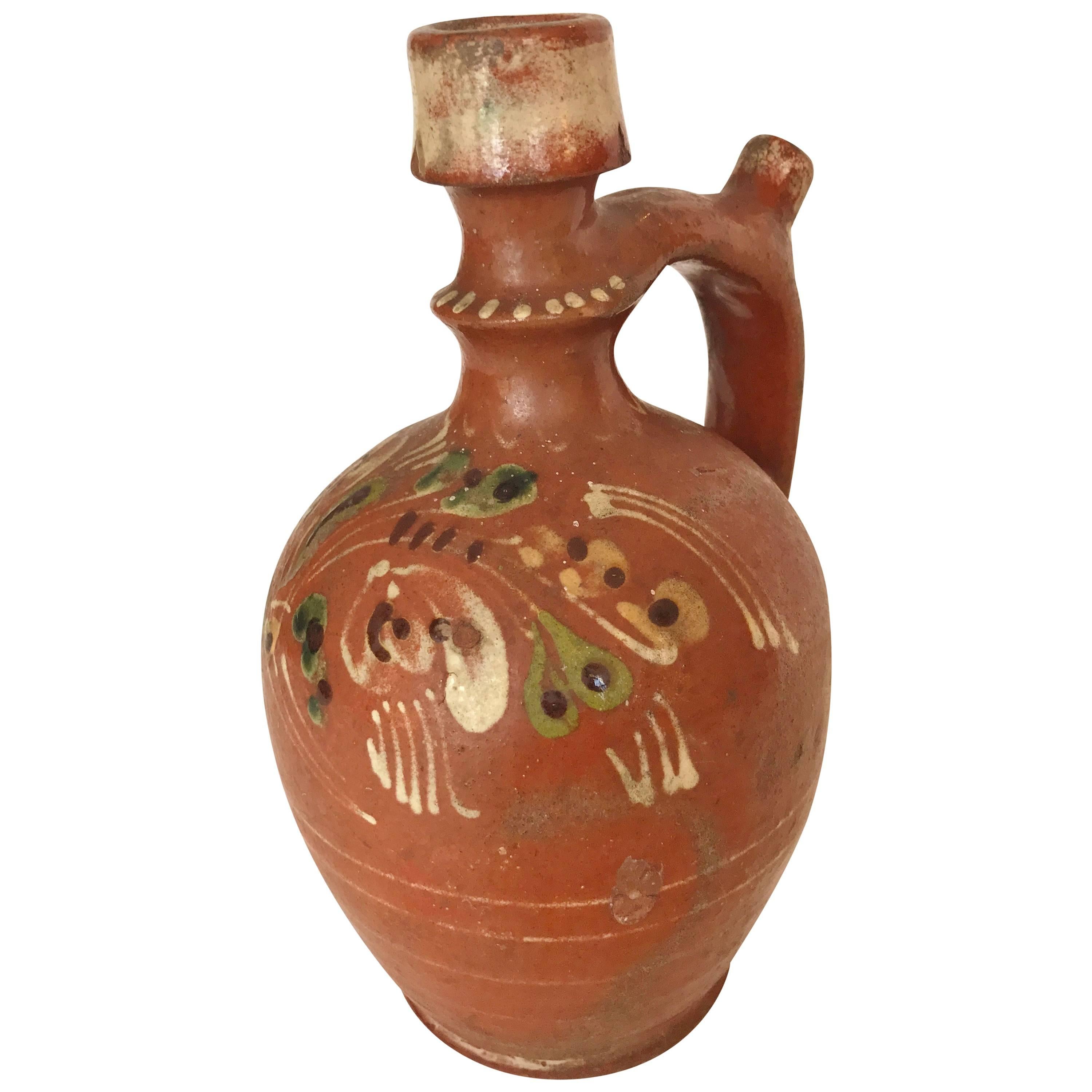 Transylvania Vintage Redware Carafe, Hand-Painted Folk Art Pottery from Romania For Sale