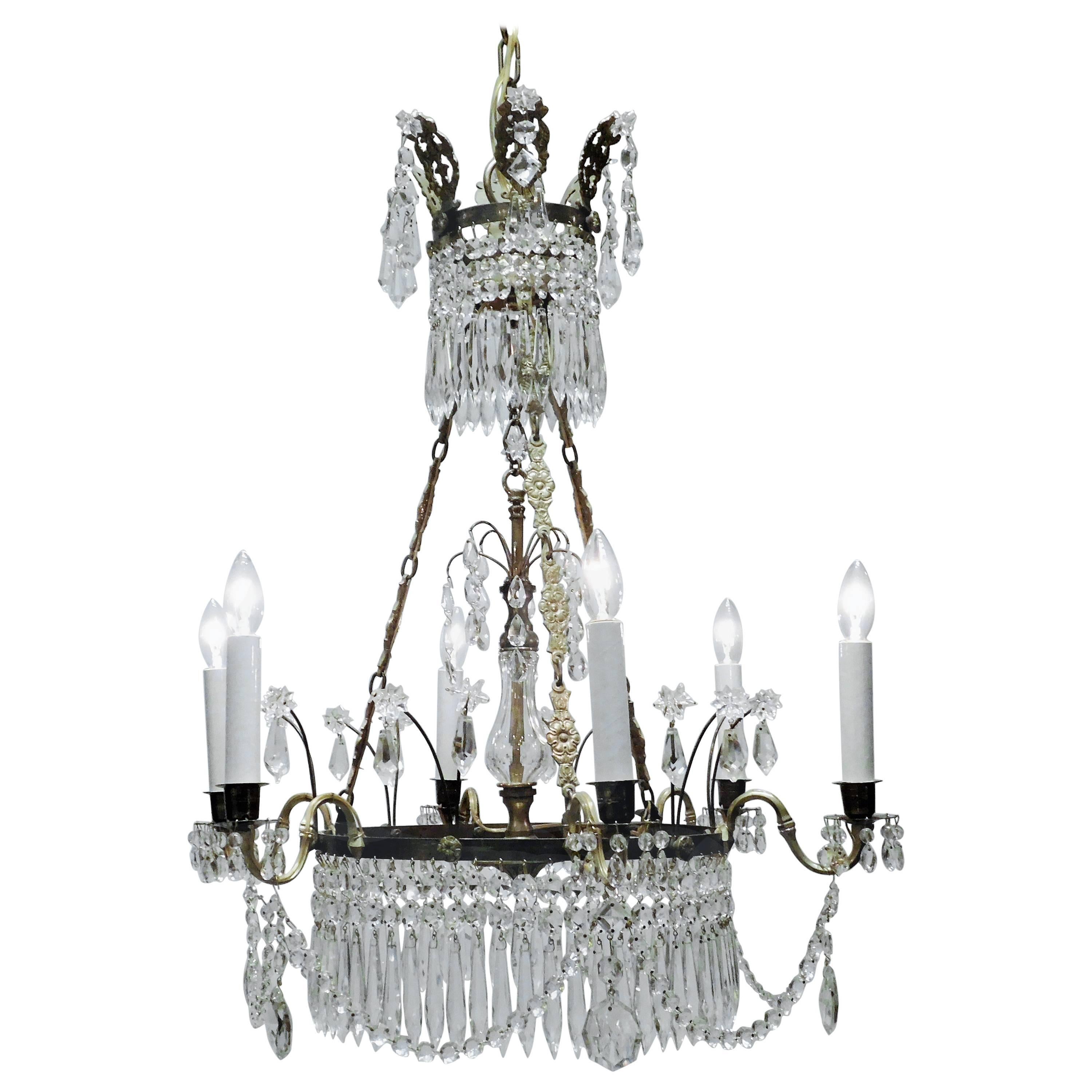 Neoclassical Six-Light Gilt Brass and Crystal Chandelier, Baltic Area