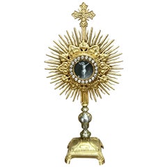 Impresionante Custodia Antigua Francesa de Bronce Dorado y Pasta