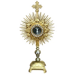 Superbe Monstrance française ancienne en bronze doré et pâte