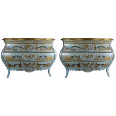 Pair of French Painted Chinoiserie Bombay Shaped Chests with Three Drawers Each