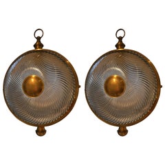 Pair of Glass and Brass Pendant Lights, Mid-Century Modern