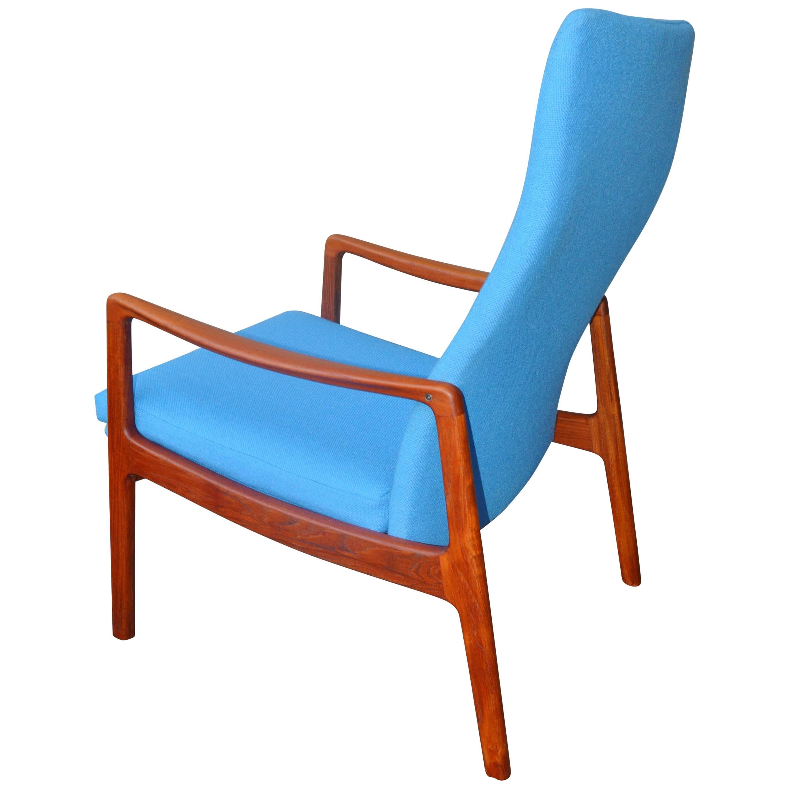 Rare Ole Wanscher Danish Teak High Back Lounge Chair in Blue Kravdrat Wool