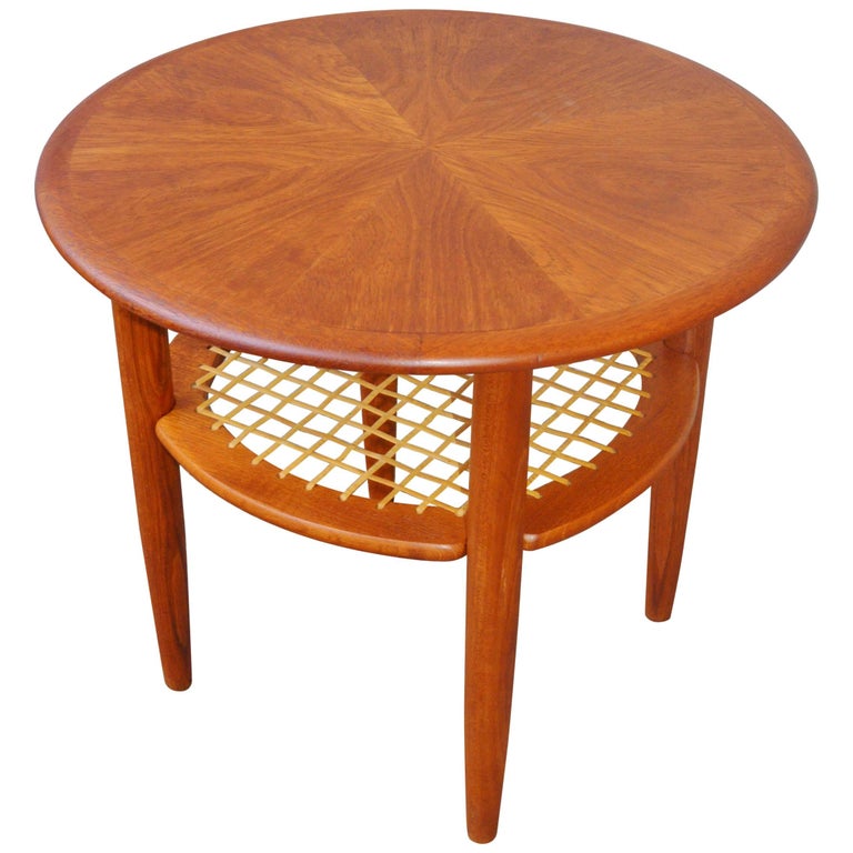 Danish Teak Starburst Side Table Lower Caned Shelf at 1stDibs