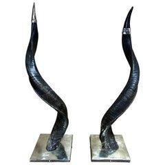 Large Pair of English Victorian Obelisks of Kudu Horns and Silvered Mounts