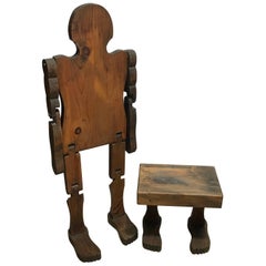American Folk Art Standing Articulated Man with "Footstool"