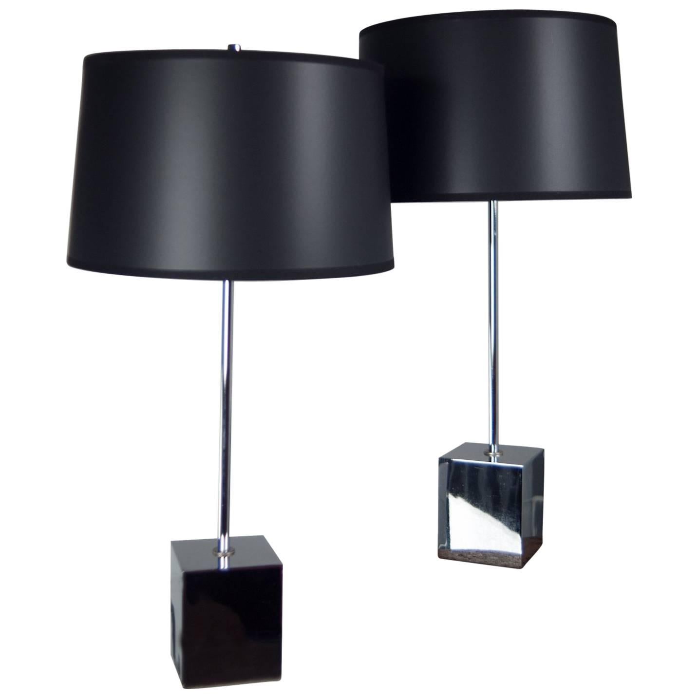 Pair of Chrome Cube Based Table Lamps For Sale