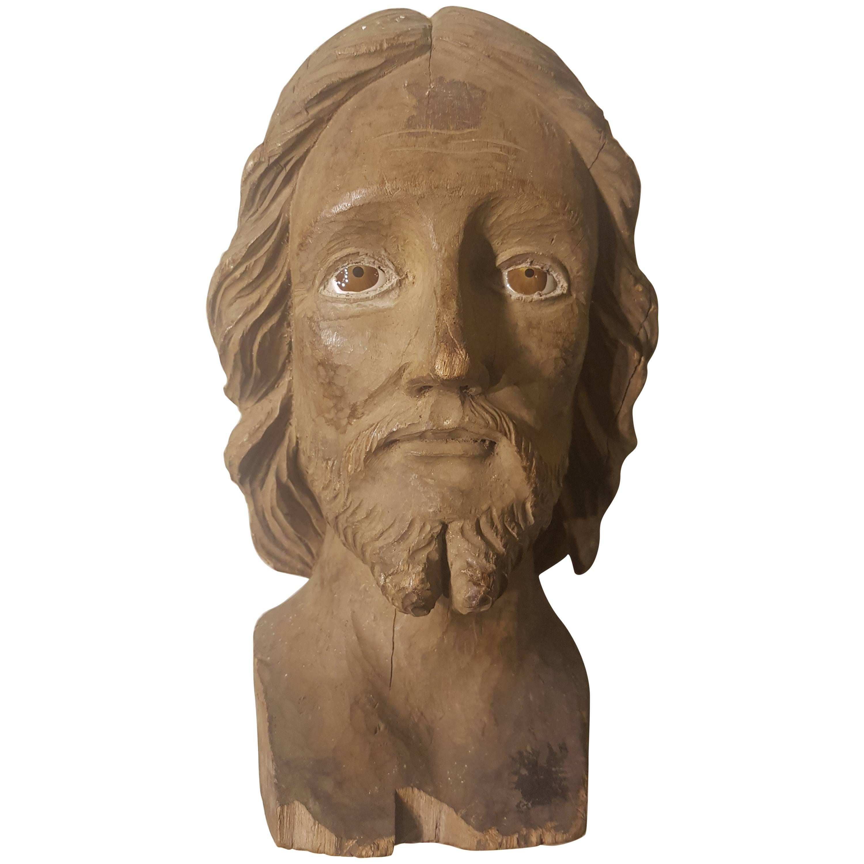 19th Century Italian Sculpted Christ Walnut Head with Glass Eyes For Sale