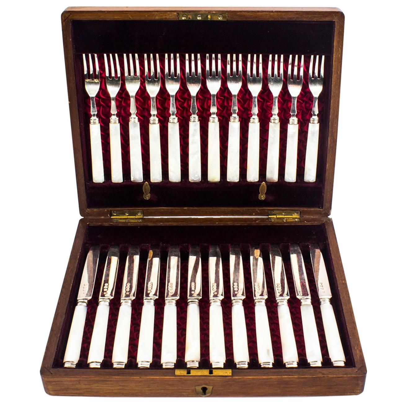 Antique Boxed Set 12 Pairs strling Silver Fruit Forks and Knives, 1892