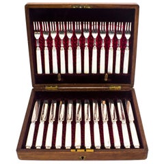 Antique Boxed Set 12 Pairs strling Silver Fruit Forks & Knives, 1892