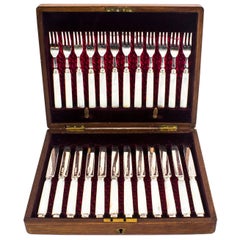 Antique Boxed Set 12 Pairs strling Silver Fruit Forks & Knives, 1892