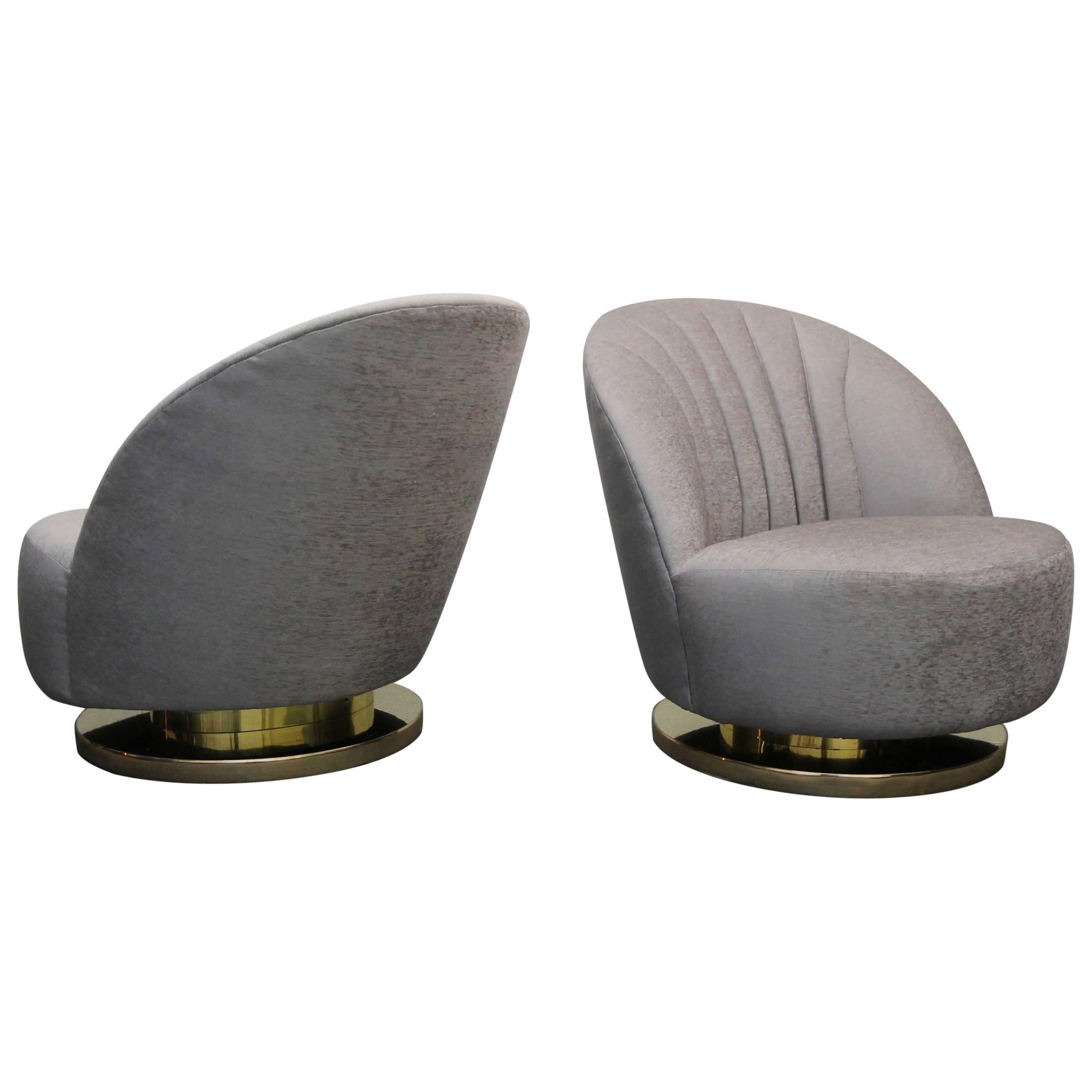 Midcentury Pair of Swivel Slipper Chairs with Brass Bases by Milo Baughman