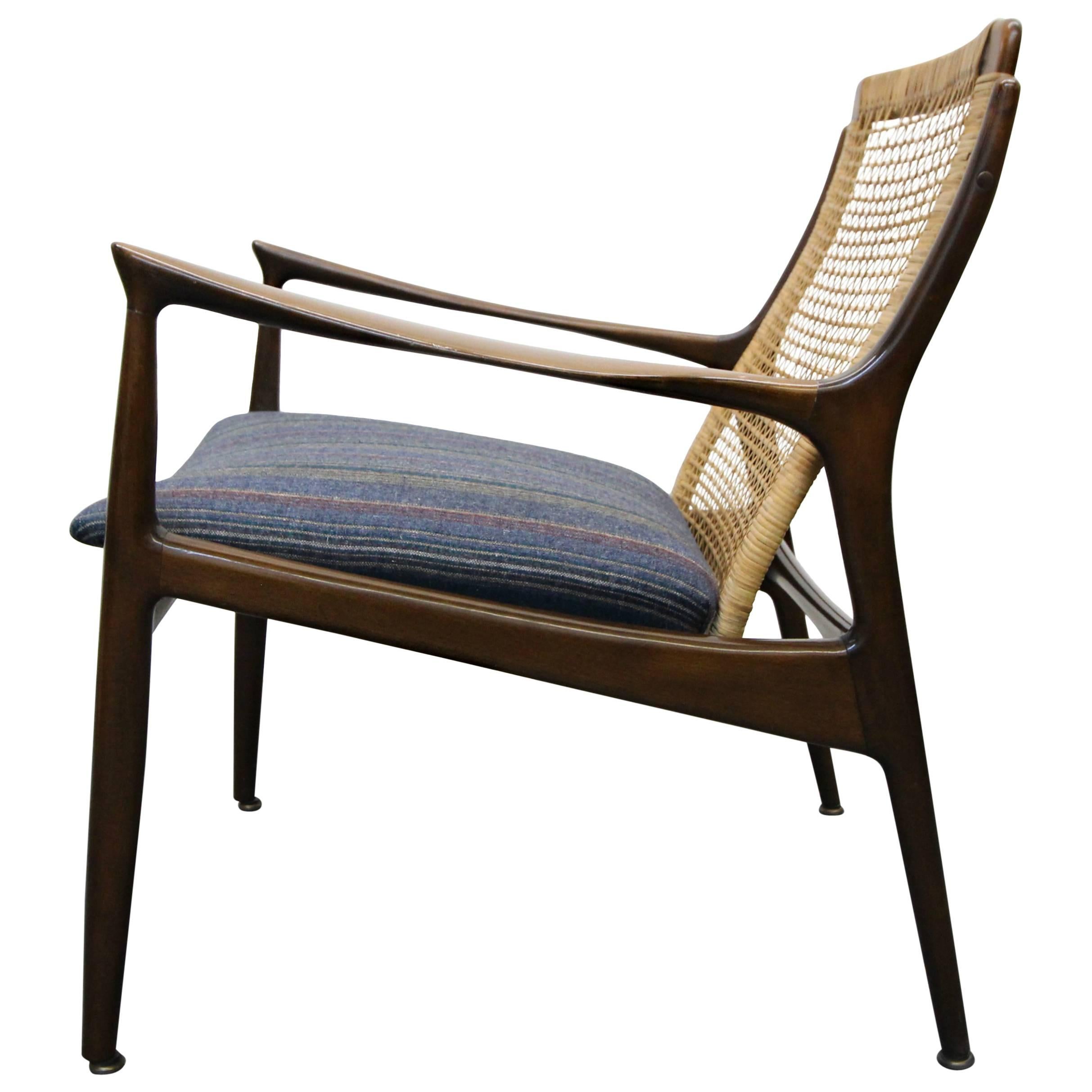 Ib Kofod Larsen Walnut Cane Back Midcentury Danish Lounge Armchair