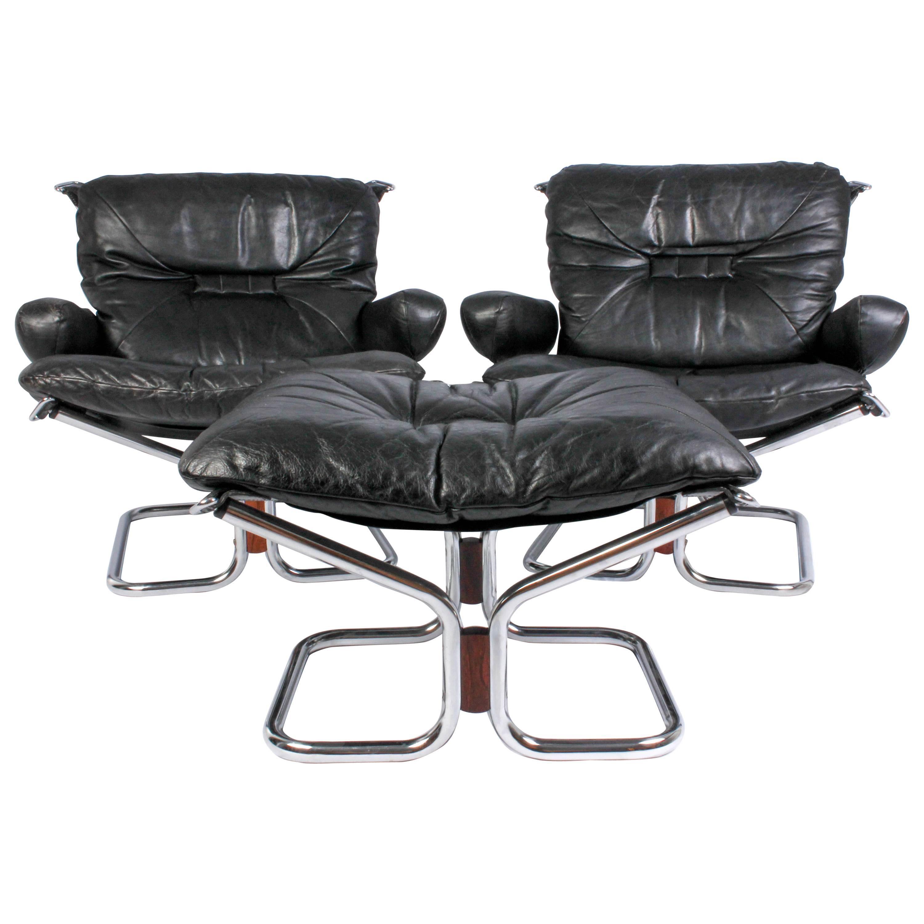 Pair of Midcentury Leather & Chrome Lounge Chairs and Ottoman by Ingmar Relling