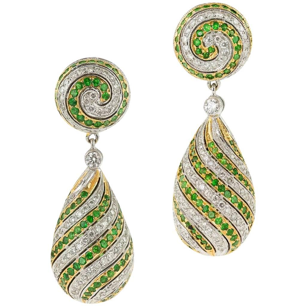 Stunning 18-Karat White and Yellow Gold, Emerald, Diamonds Drop Earrings