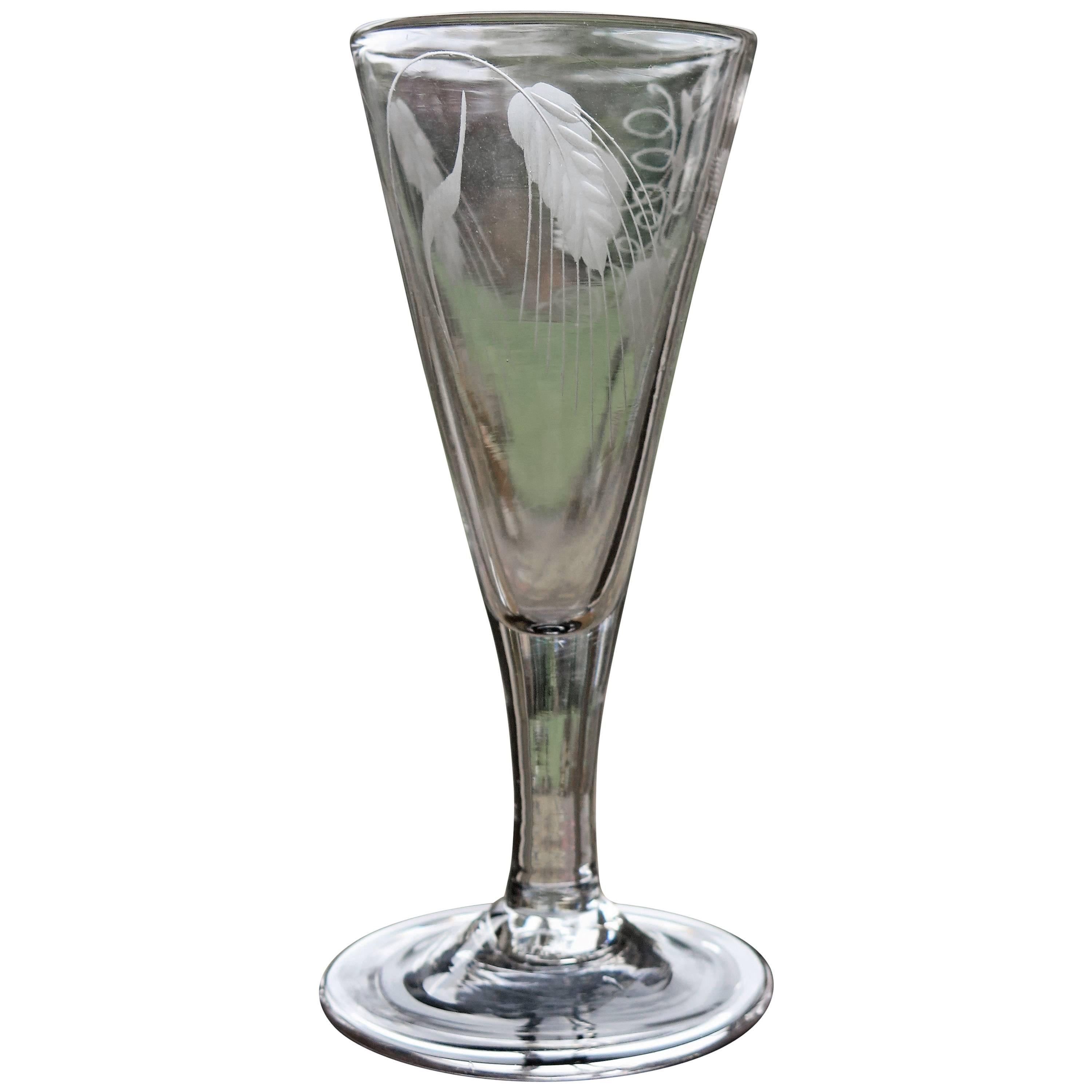 Mid-Georgian Ale Drinking Glass Handblown Engraved with Hops and Barley, Ca 1750