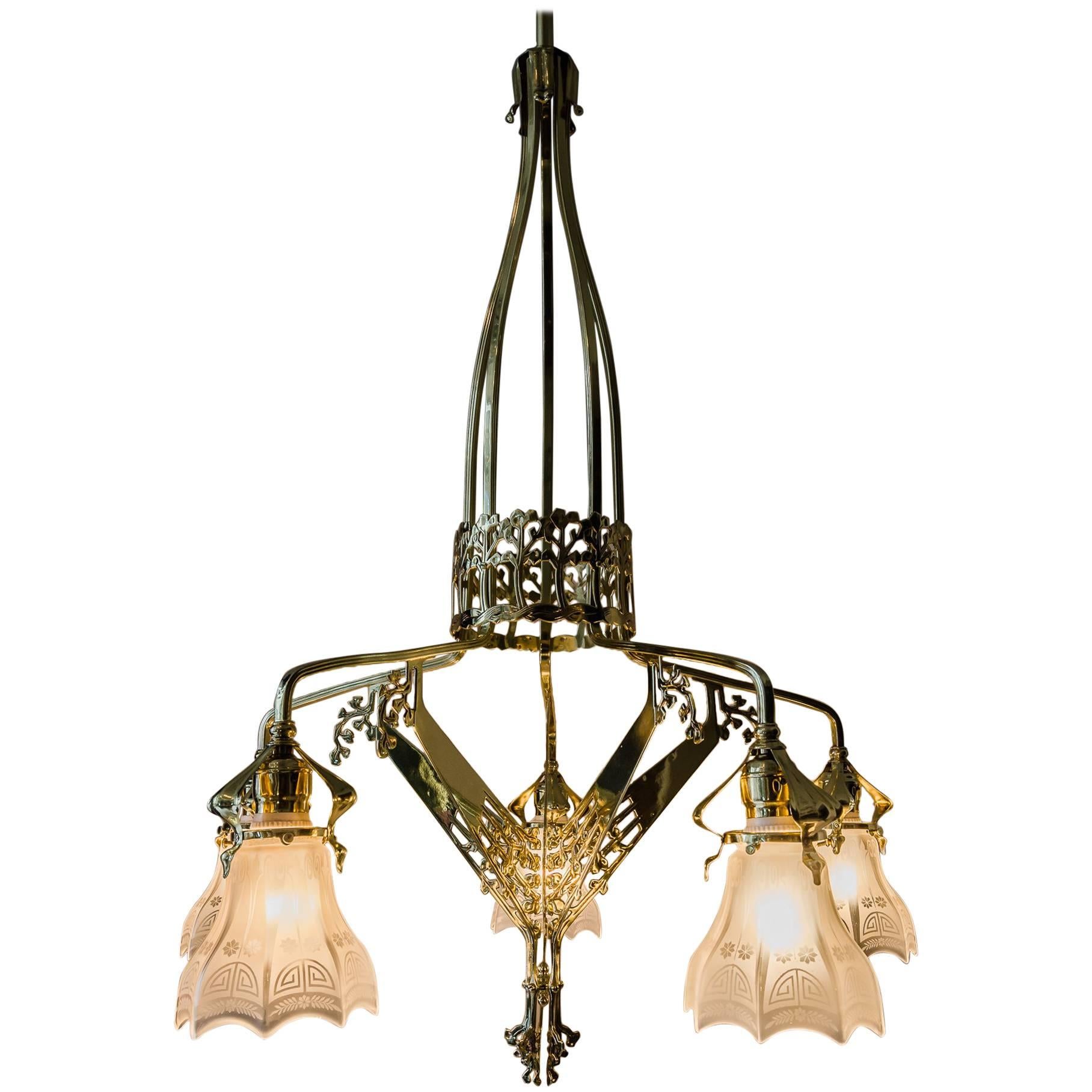 Amazing Jugendstil Chandelier with Original Glass, around 1906