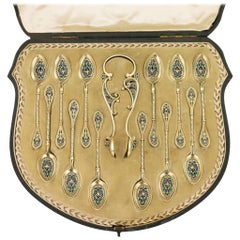 Antique Norwegian Solid Silver Plique-a-Jour Enamel Spoons and Tongs, circa 1890