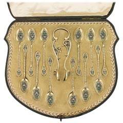 Antique Norwegian Solid Silver Plique-a-Jour Enamel Spoons and Tongs, circa 1890