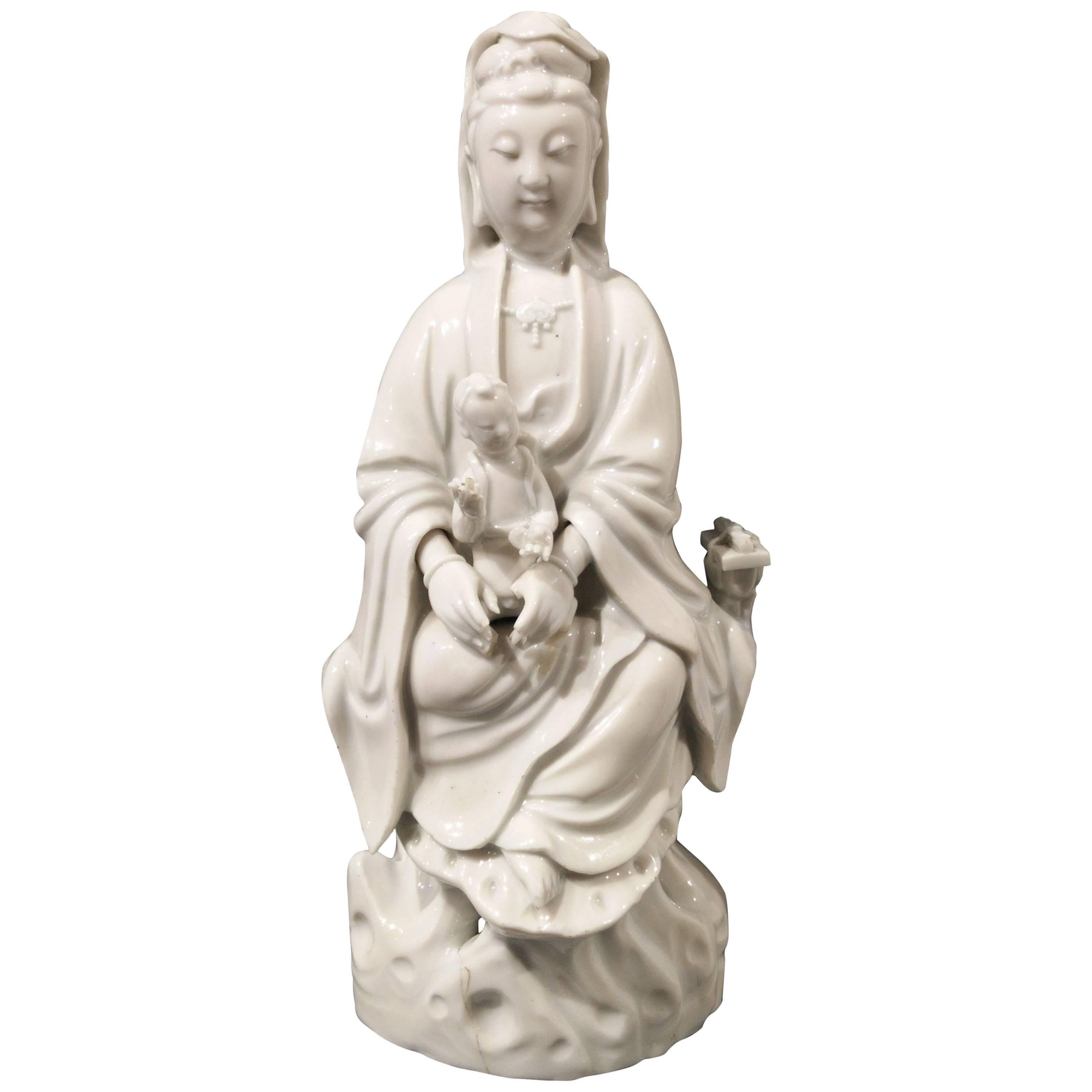 18th Century Chinese Blanc-de-Chine Porcelain Figure of Guanyin with Child For Sale
