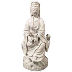 Antique 18th Century Chinese Blanc-de-Chine Porcelain Figure of Guanyin with Child