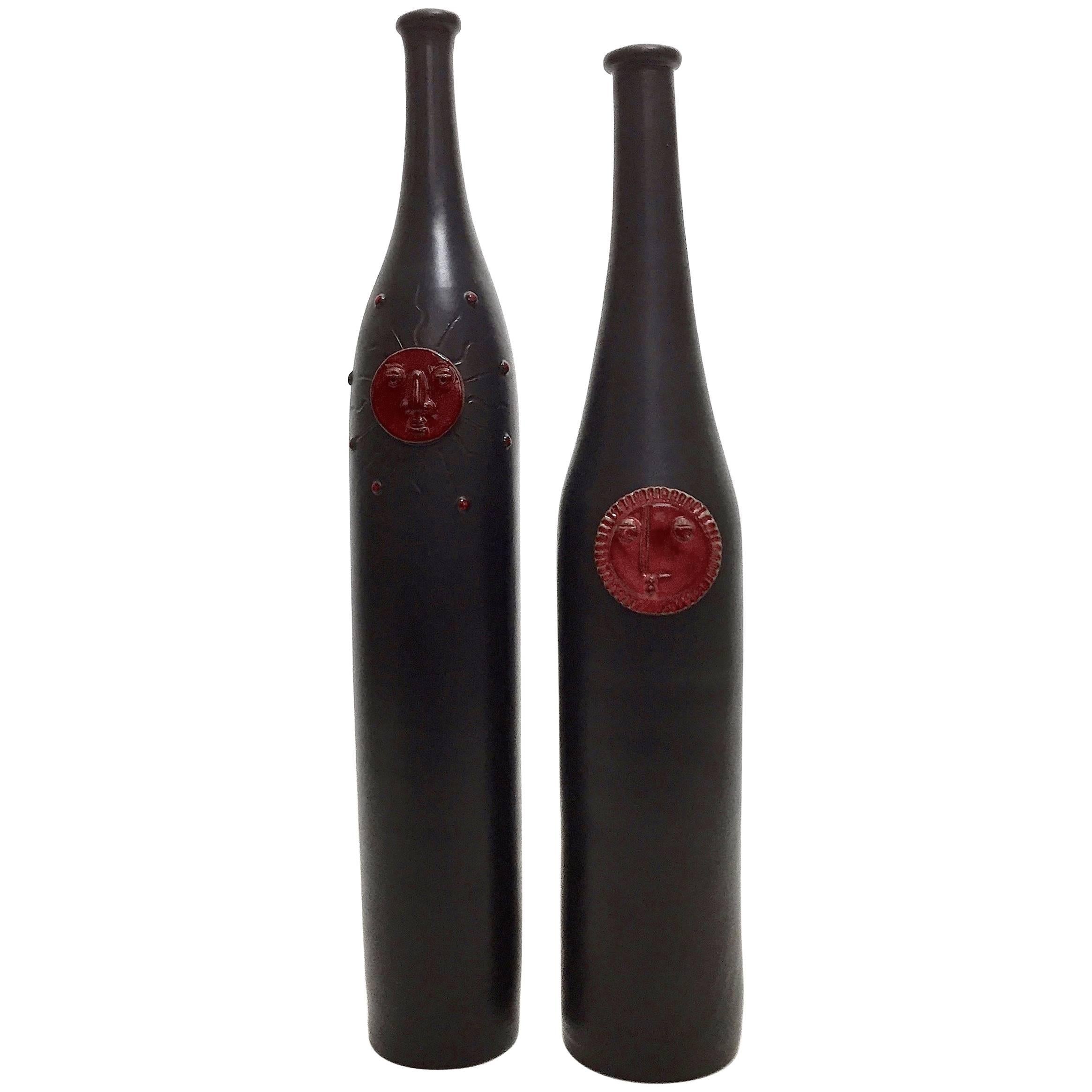 Dalo, Pair of Ceramic Bottles Glazed in Black For Sale